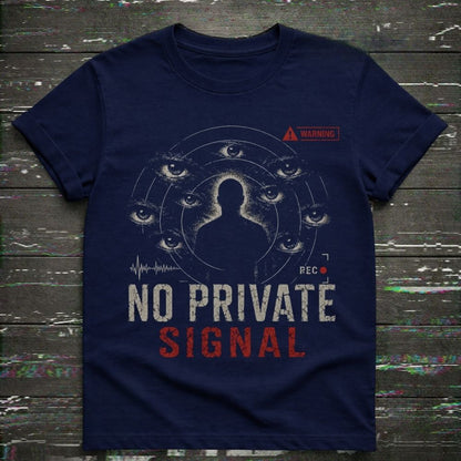Navy blue t-shirt with graphic design and text on a textured dark background