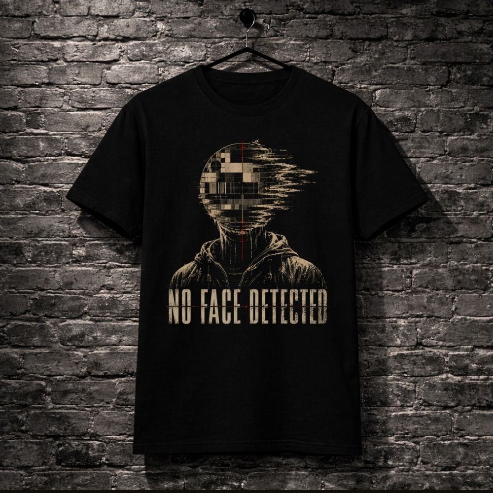 Black t-shirt with 'No Face Detected' graphic design on a brick wall background