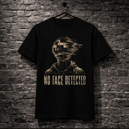 Black t-shirt with 'No Face Detected' graphic design on a brick wall background