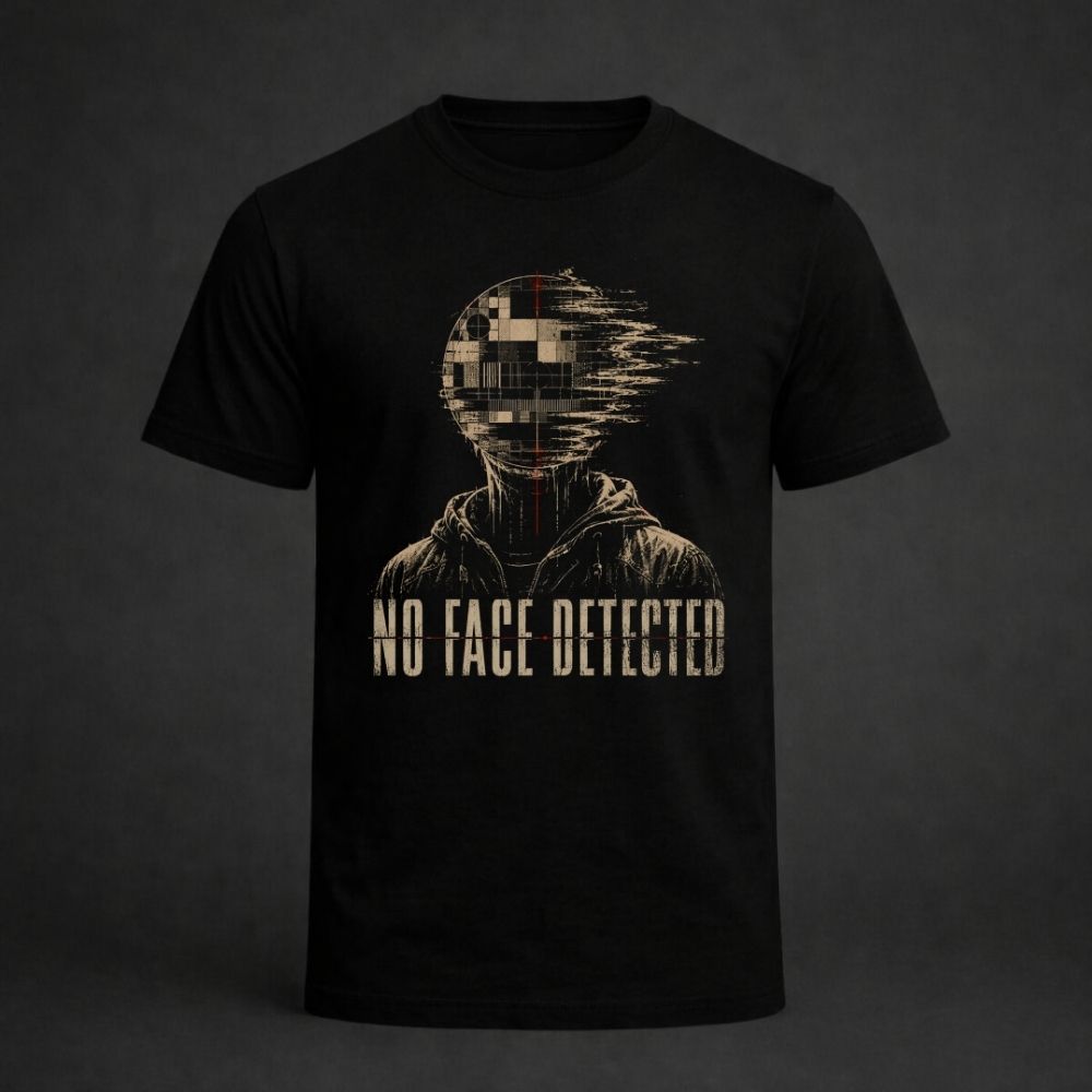 Black t-shirt with pixelated face design and 'No Face Detected' text on a dark background