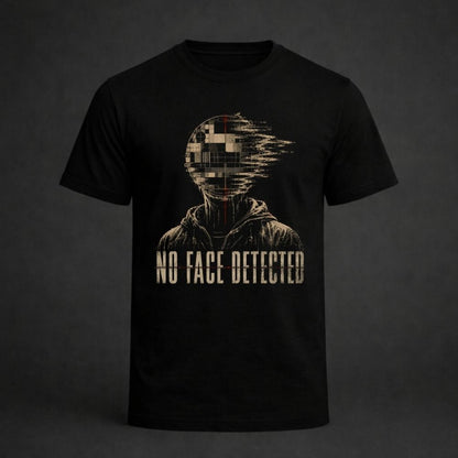 Black t-shirt with pixelated face design and 'No Face Detected' text on a dark background
