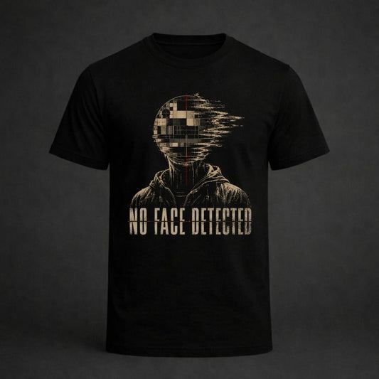 Black t-shirt with pixelated face design and 'No Face Detected' text on a dark background