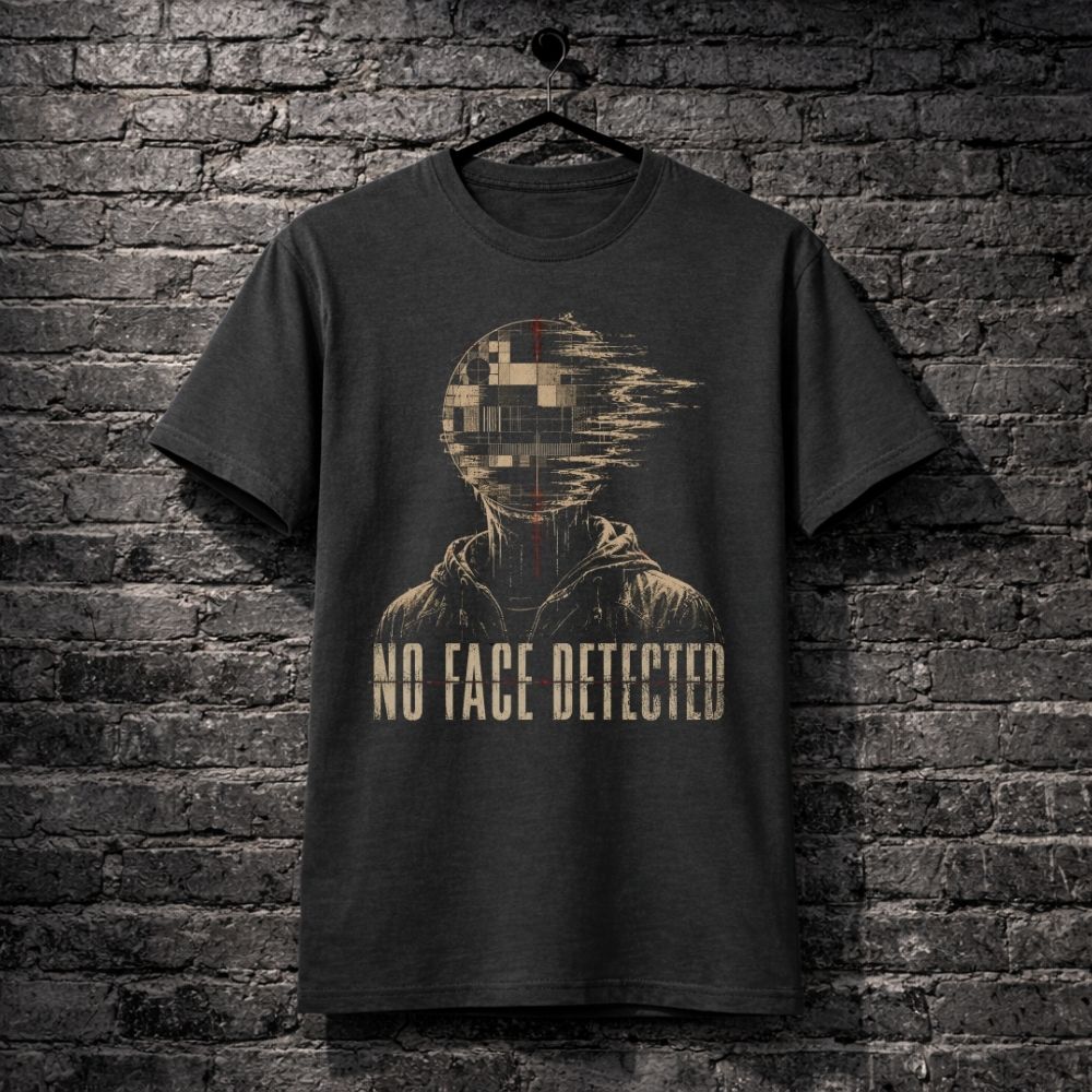 Dark t-shirt with 'No Face Detected' graphic design on a brick wall background