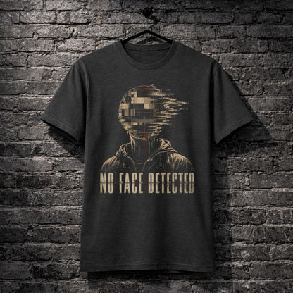 Dark t-shirt with 'No Face Detected' graphic design on a brick wall background