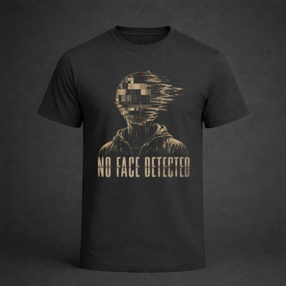 Black t-shirt with pixelated face design and 'No Face Detected' text on a dark background