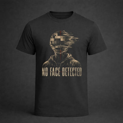 Black t-shirt with pixelated face design and 'No Face Detected' text on a dark background