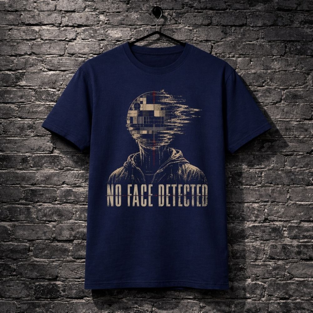 Navy blue t-shirt with 'No Face Detected' graphic design on a brick wall background