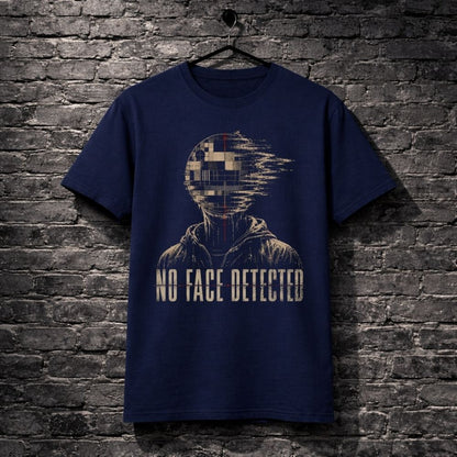 Navy blue t-shirt with 'No Face Detected' graphic design on a brick wall background