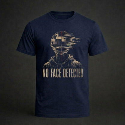 Navy blue t-shirt with 'No Face Detected' graphic design on a dark background