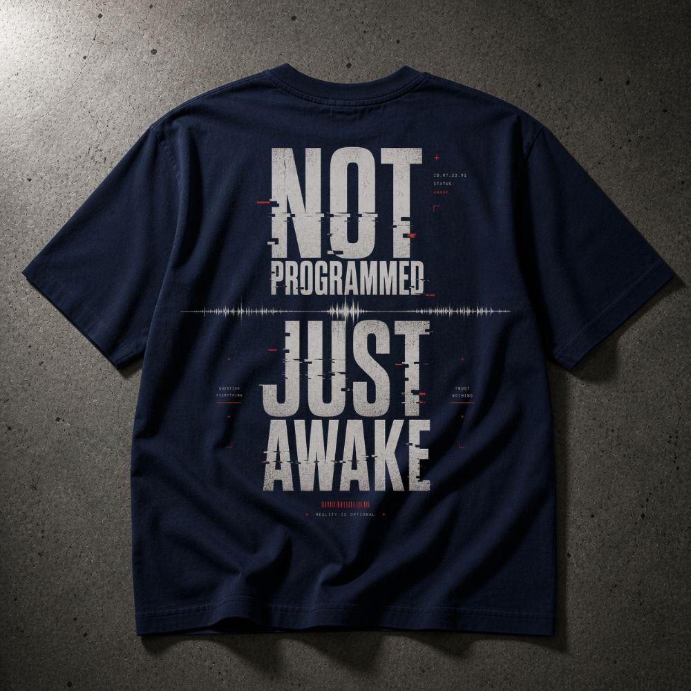 A navy blue t-shirt laid flat on a textured gray concrete surface, featuring a large white graphic print on the back that reads 'NOT PROGRAMMED JUST AWAKE' with glitch-style text effects.