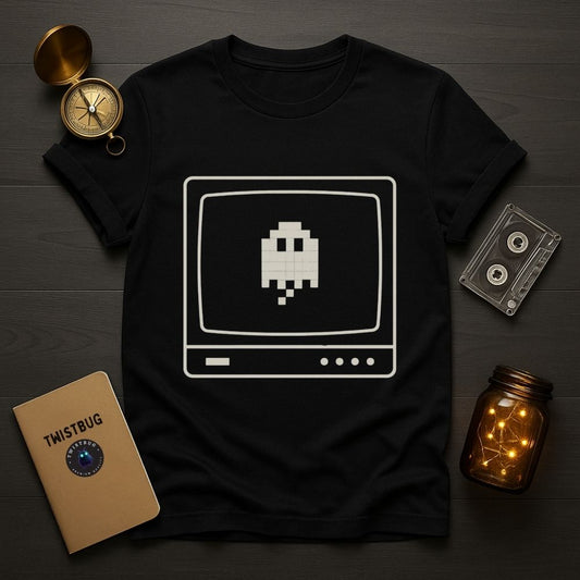 Black t-shirt with pixelated ghost design on a wooden surface with vintage items.