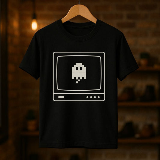 Retro arcade ghost CRT t-shirt hanging on wooden hanger