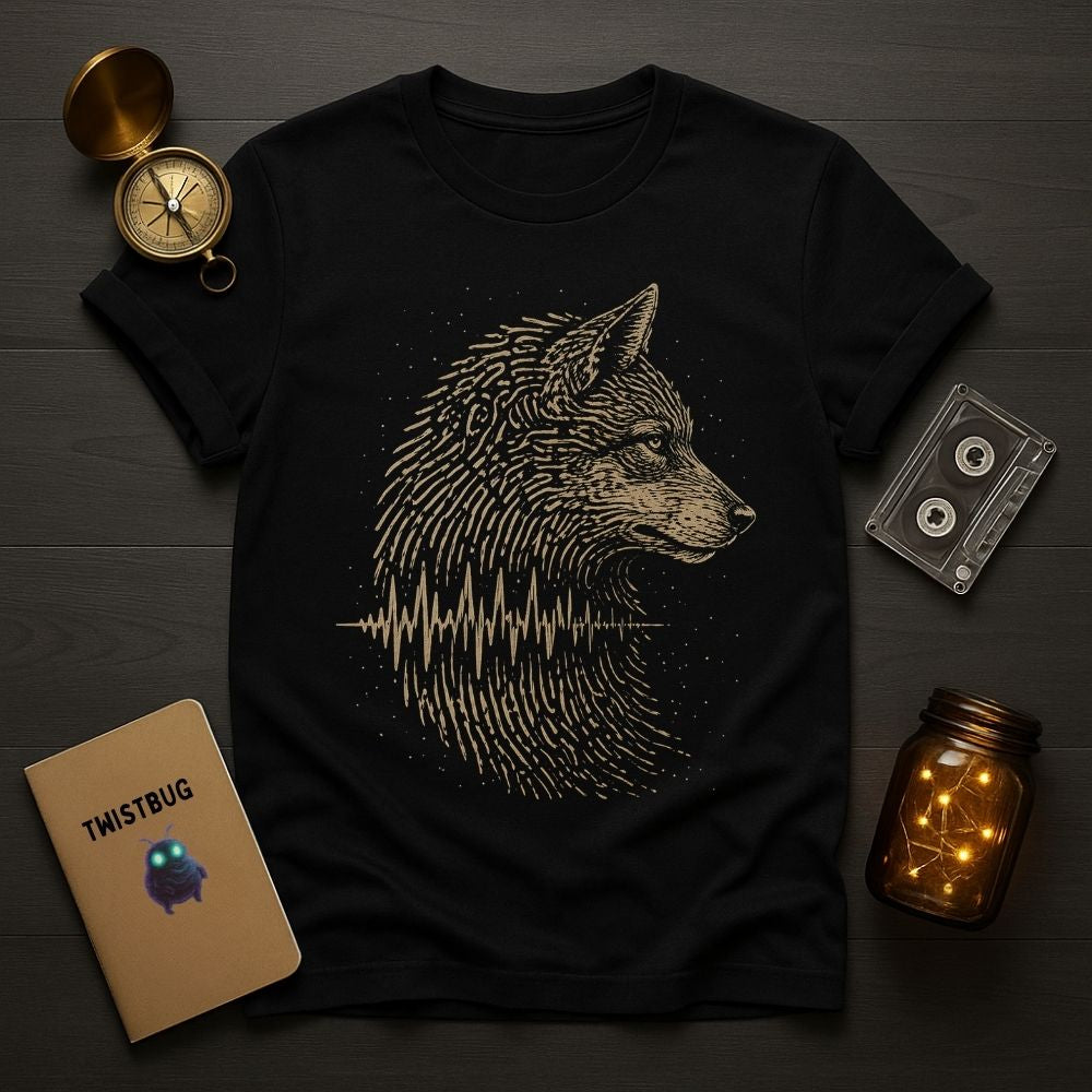Black t-shirt with wolf design on a wooden surface with accessories.