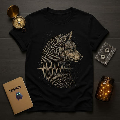 Black t-shirt with wolf design on a wooden surface with accessories.