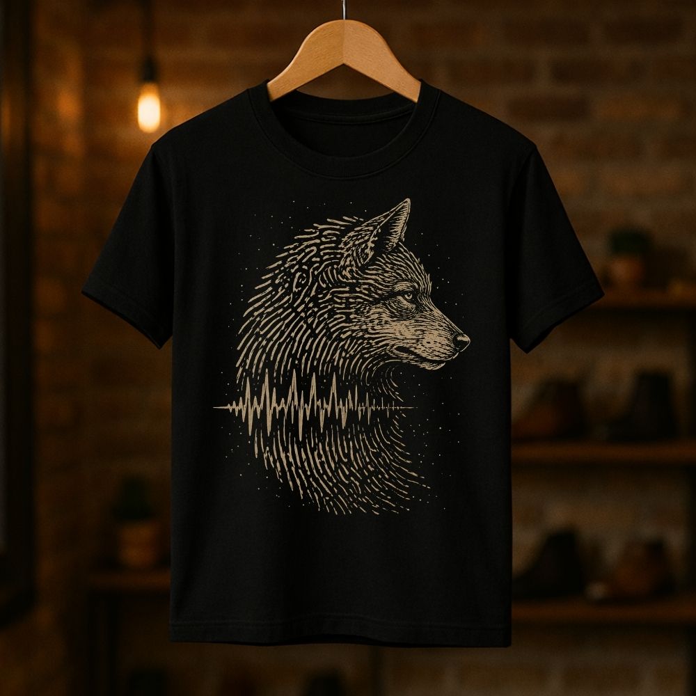 Black t-shirt with a wolf graphic on a wooden hanger against a dark background