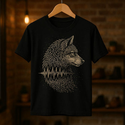 Black t-shirt with a wolf graphic on a wooden hanger against a dark background