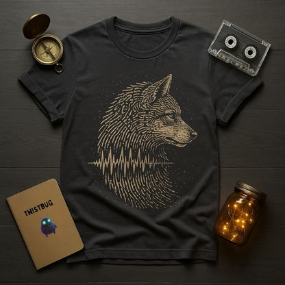 Black t-shirt with wolf design, compass, cassette tape, notebook, and lantern on a wooden surface