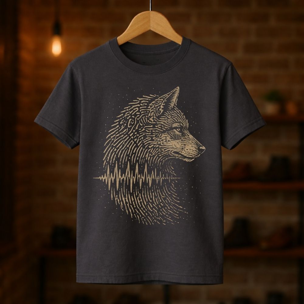 Black t-shirt with a wolf graphic on a wooden hanger against a brick wall background
