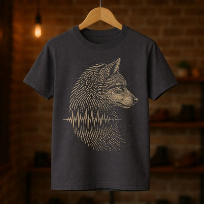 Black t-shirt with a wolf graphic on a wooden hanger against a brick wall background
