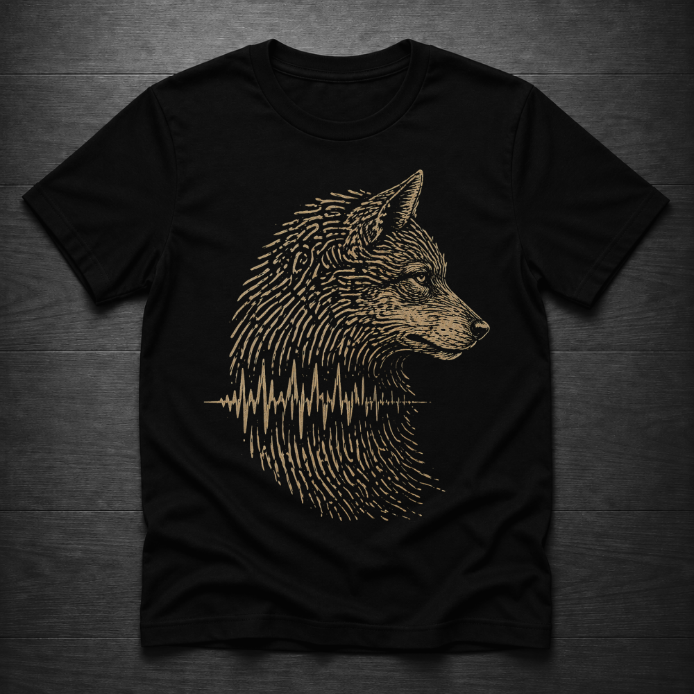 A black short-sleeve crewneck t-shirt featuring a detailed graphic of a wolf's head in profile, constructed from vertical lines resembling hair, with an audio waveform crossing the chest, displayed flat on a dark wood background.