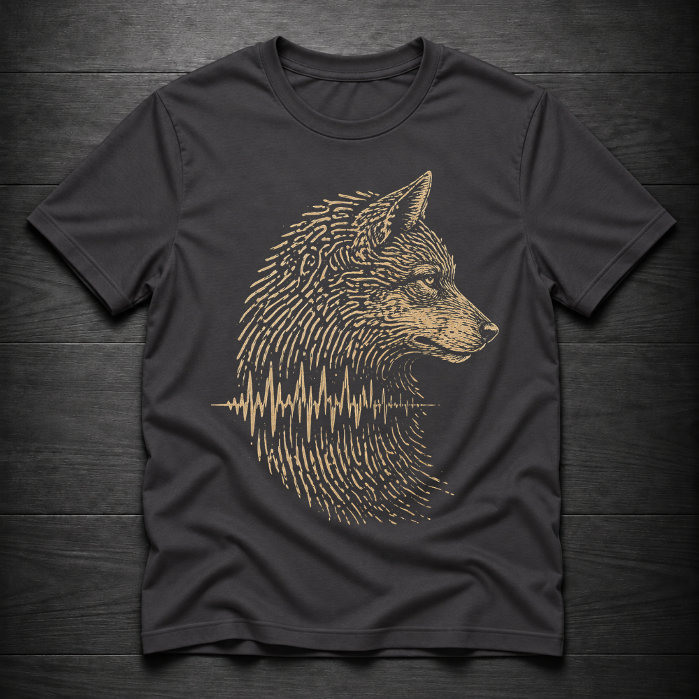 A dark charcoal gray t-shirt featuring a stylized graphic of a wolf's head in profile, composed of fine vertical lines with an audio waveform pattern running through it, in a muted gold color. The t-shirt is laid flat on a dark wood plank background.