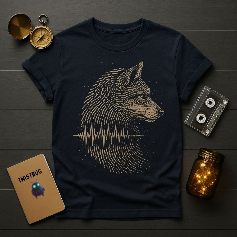 Navy blue t-shirt with wolf design on a wooden surface with vintage items.