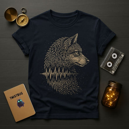 Navy blue t-shirt with wolf design on a wooden surface with vintage items.