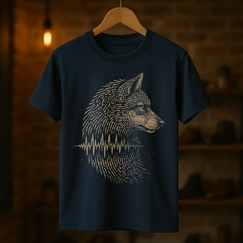 Navy blue t-shirt with a wolf design on a wooden hanger against a dark background