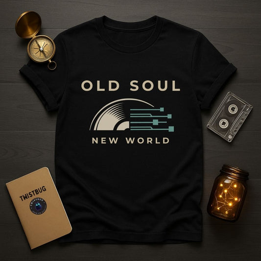 Black t-shirt with 'Old Soul New World' design on a wooden surface with vintage items.