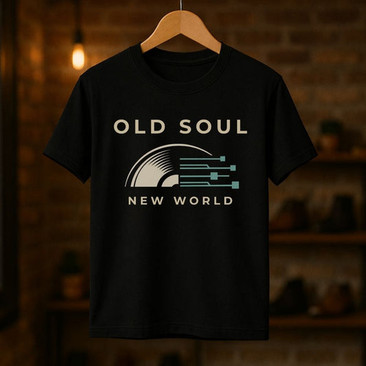 Black t-shirt with 'Old Soul New World' design on a wooden hanger against a dark background