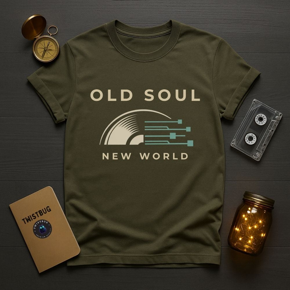 Green t-shirt with 'Old Soul New World' design on a wooden surface with vintage items.
