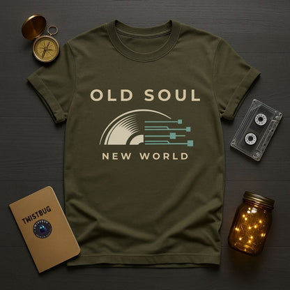 Green t-shirt with 'Old Soul New World' design on a wooden surface with vintage items.