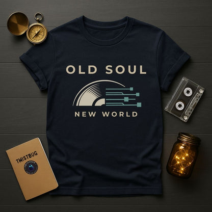 Navy blue t-shirt with 'Old Soul New World' design on a wooden surface with vintage items.