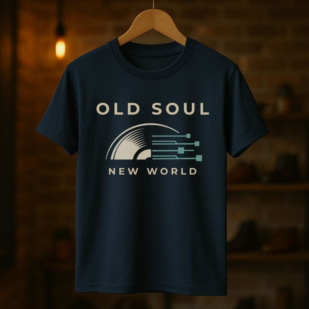 Navy blue t-shirt with 'Old Soul New World' design on a wooden hanger against a dark background