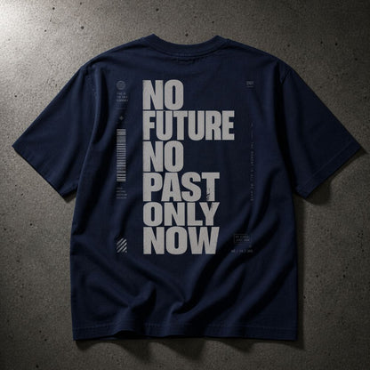 Navy blue t-shirt with white text on a gray concrete surface
