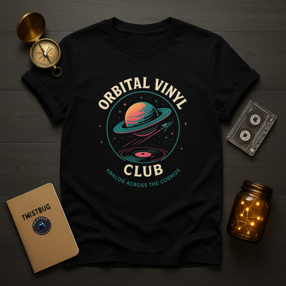 Black unisex T-shirt with a retro space-themed design showing a Saturn-like planet and vinyl record orbiting in teal, orange, and pink tones. Text reads “Orbital Vinyl Club – Analog Across the Cosmos.”