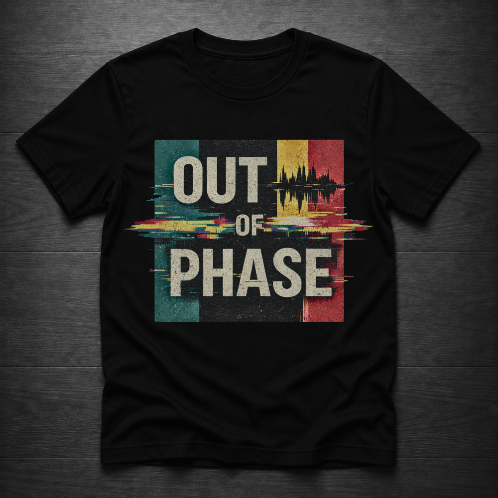 A blact-shirt laid flat on a dark wood background, featuring a distressed graphic print with the text 'OUT OF PHASE' in white over a colorful glitch-effect block design in teal, black, yellow, and red.