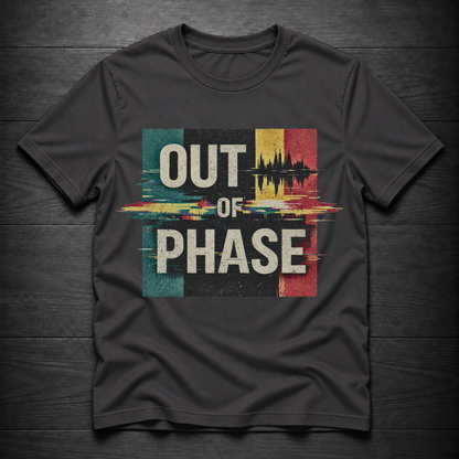 A dark charcoal gray t-shirt laid flat on a dark wood background, featuring a distressed graphic print with the text 'OUT OF PHASE' in white over a colorful glitch-effect block design in teal, black, yellow, and red.