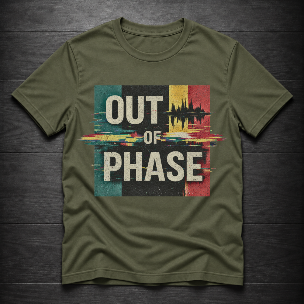 A military green t-shirt laid flat on a dark wood background, featuring a distressed graphic print with the text 'OUT OF PHASE' in white over a colorful glitch-effect block design in teal, black, yellow, and red.