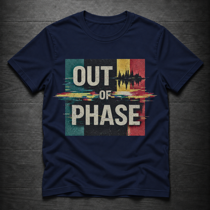 A navy blue t-shirt laid flat on a dark wood background, featuring a distressed graphic print with the text 'OUT OF PHASE' in white over a colorful glitch-effect block design in teal, black, yellow, and red.