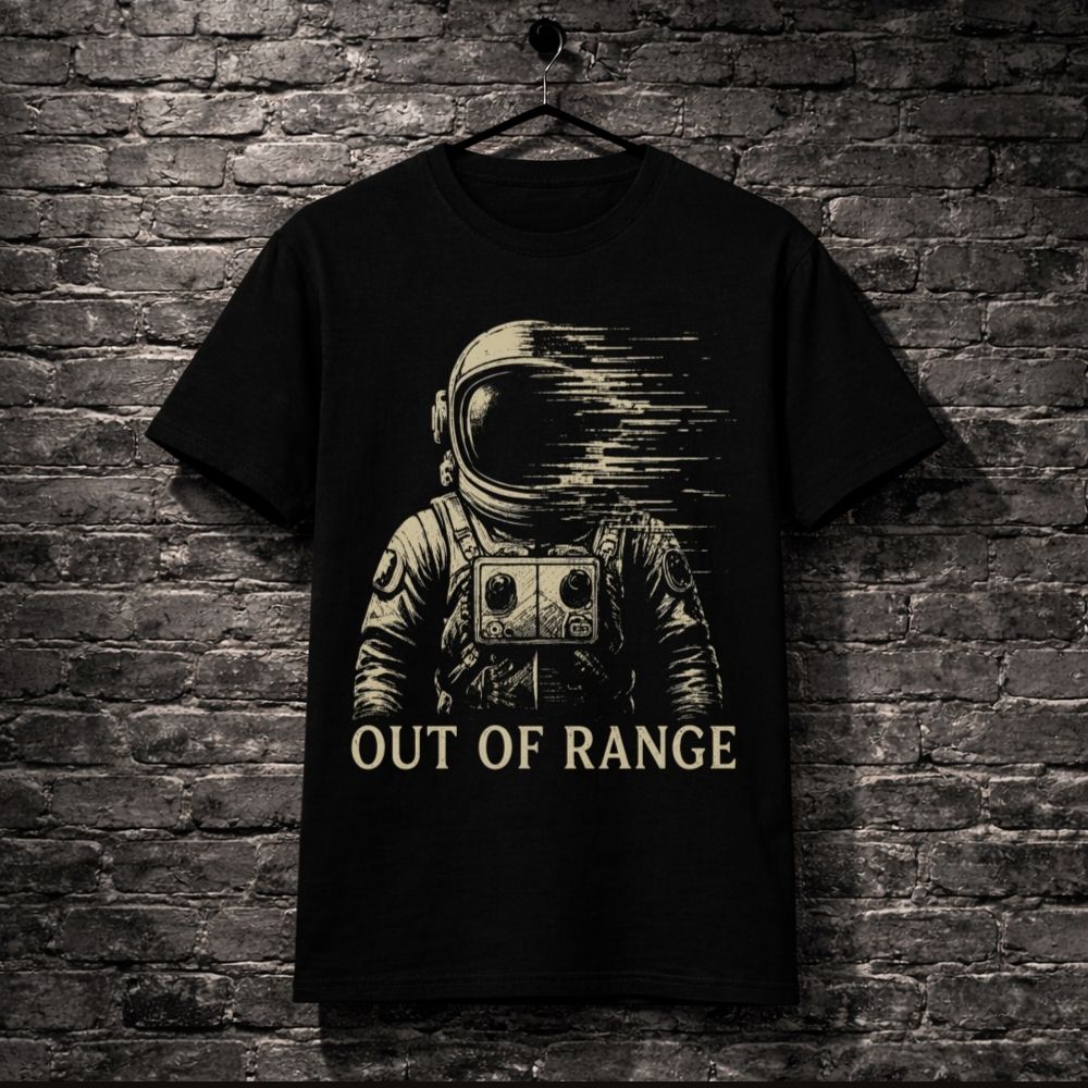 Black t-shirt with an astronaut graphic and 'Out of Range' text on a brick wall background