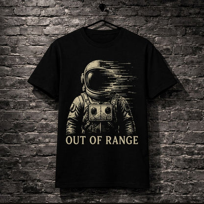 Black t-shirt with an astronaut graphic and 'Out of Range' text on a brick wall background