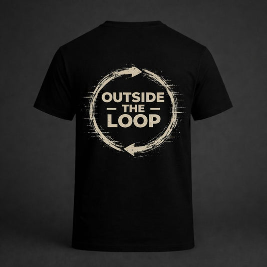 Black t-shirt with 'Outside the Loop' design on a dark background