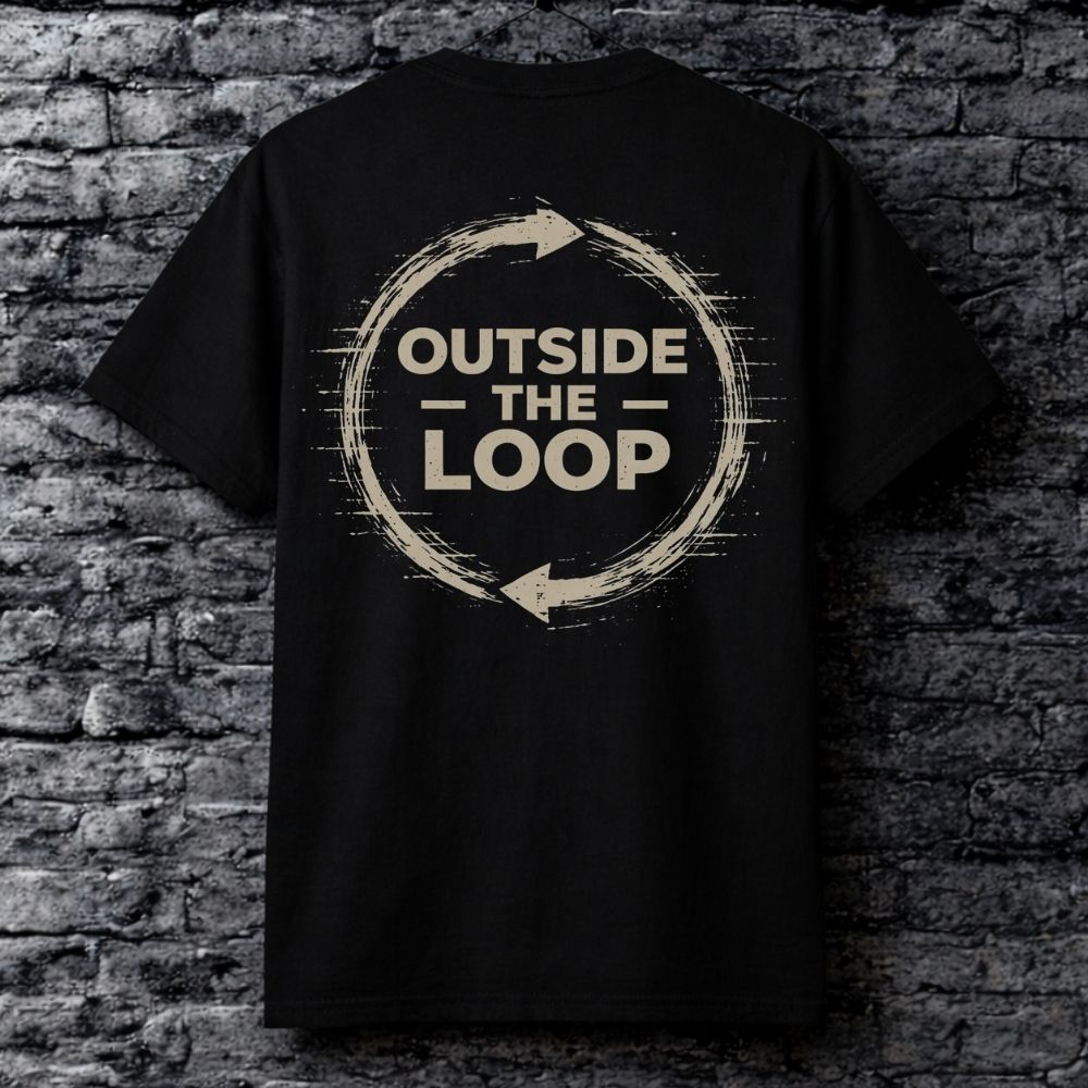 Black t-shirt with 'Outside the Loop' design on a brick wall background