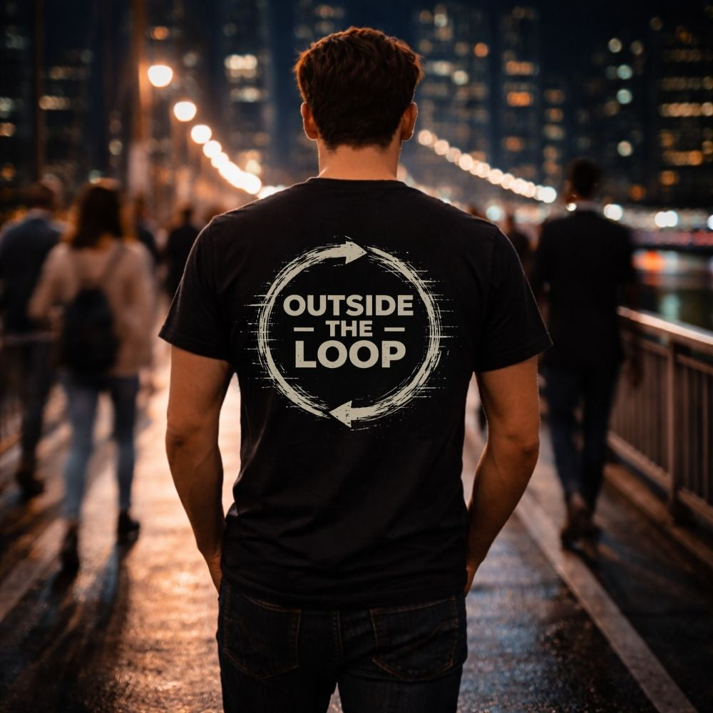 Person wearing a black t-shirt with 'Outside the Loop' design in an urban night setting.
