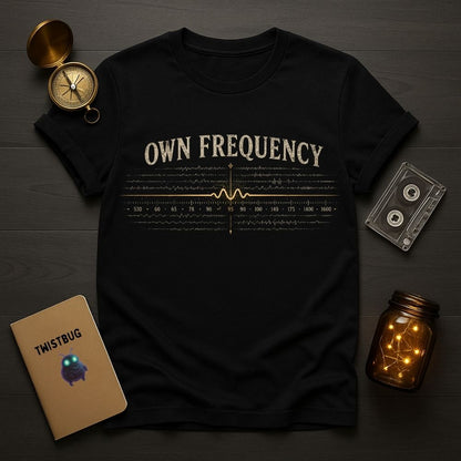 Black t-shirt with 'OWN FREQUENCY' design on a wooden surface with decorative items.