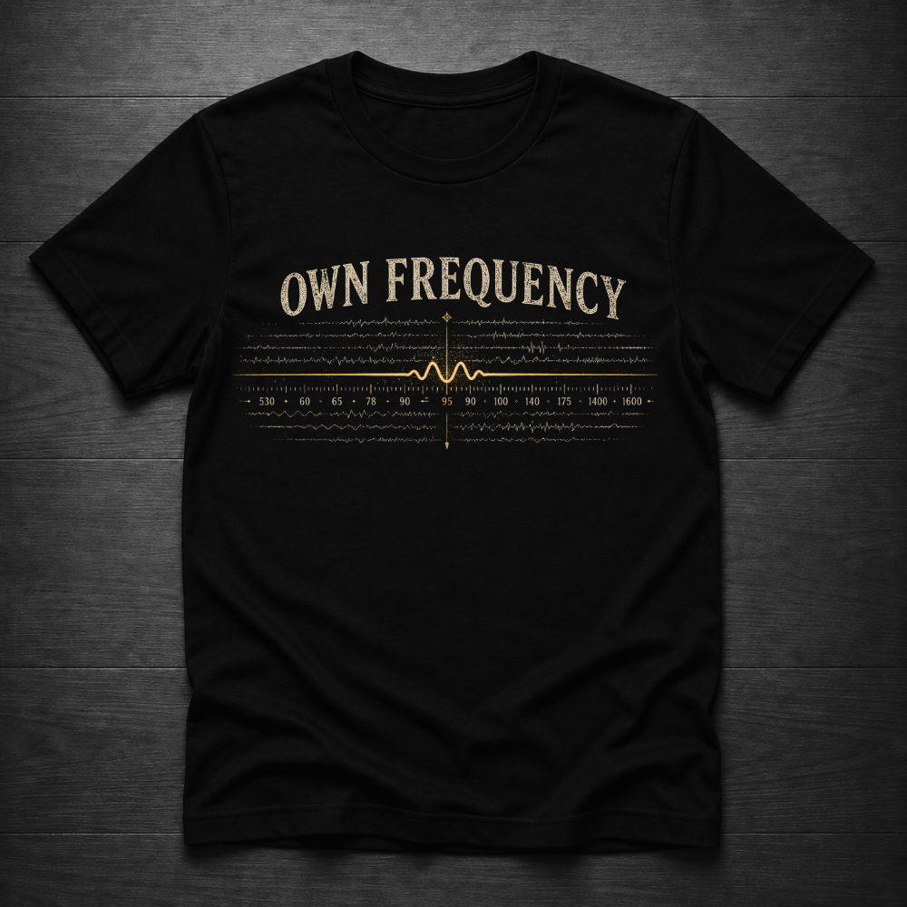 A black short-sleeve t-shirt with a vintage-style cream and gold graphic on the chest reading 'OWN FREQUENCY' above a waveform and frequency graph, laid flat on a dark wood background.