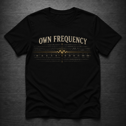 A black short-sleeve t-shirt with a vintage-style cream and gold graphic on the chest reading 'OWN FREQUENCY' above a waveform and frequency graph, laid flat on a dark wood background.