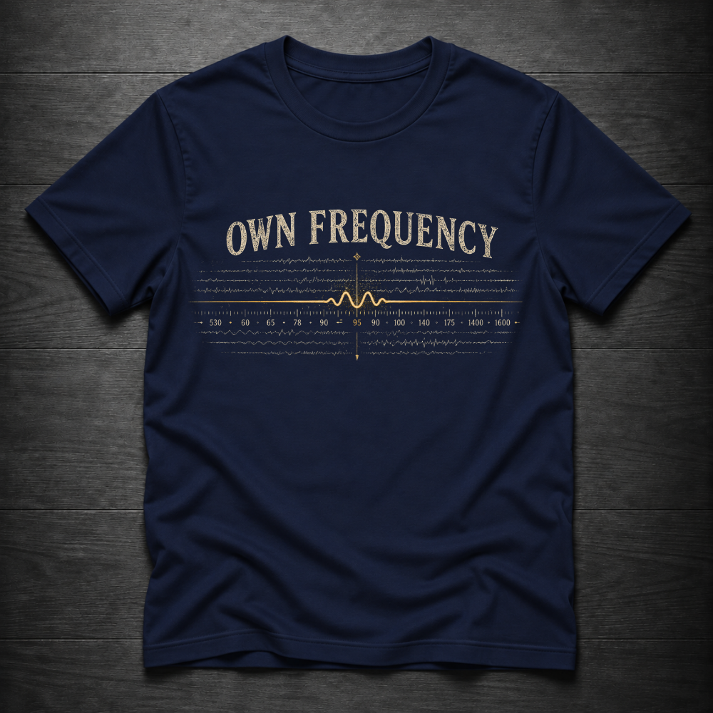 A navy blue short-sleeve t-shirt with a vintage-style cream and gold graphic on the chest reading 'OWN FREQUENCY' above a waveform and frequency graph, laid flat on a dark wood background.