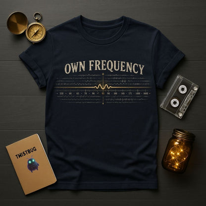 Navy blue t-shirt with 'OWN FREQUENCY' design on a wooden surface with vintage items.